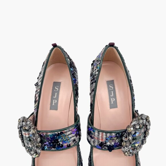 SJP Winnie Crystal Buckle Mary Jane Pumps Size 37 US 6-7 Tartan Sequin Heels - Picture 5 of 12